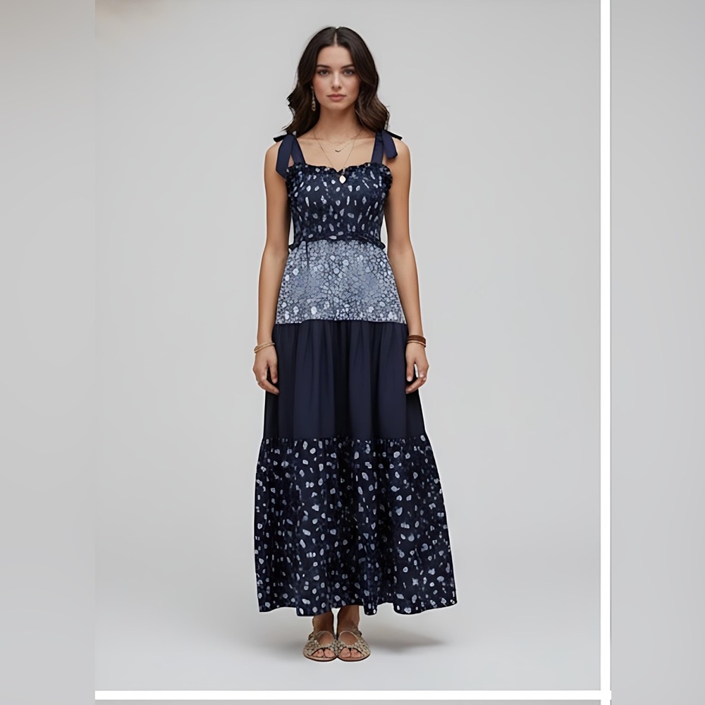 Boho Ditsy Floral Long Dress With Tie Waist, Ruffled Hem Blue - Picture 1 of 8
